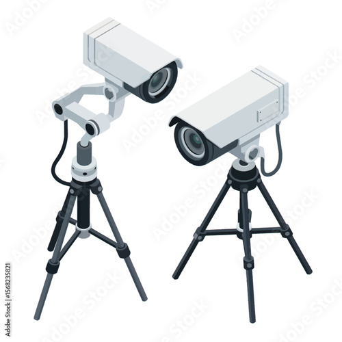 Two modern security cameras mounted on adjustable tripods showcasing surveillance technology for monitoring and safety isolated on white background