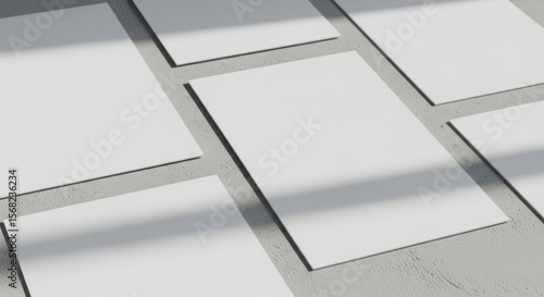Minimalist stationery mockup with blank vertical cards on a concrete surface, featuring realistic window shadows for branding.