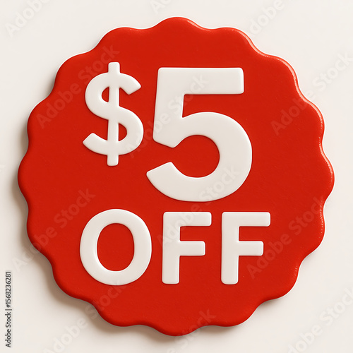 Red $5 Off Badge for Sales Promotions and Discount Offers to Attract Customers and Increase Retail Sales Volume