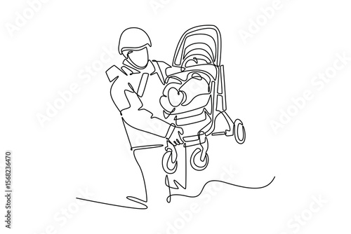 Troop rescues baby in stroller. effects of world war concept. Single line draw design. Vector graphic illustration