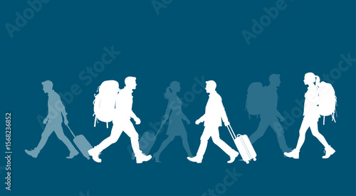 sagome, silhouette, viaggio, gente, viaggiare, persone che viaggiano, valigie, turisti, vacanze