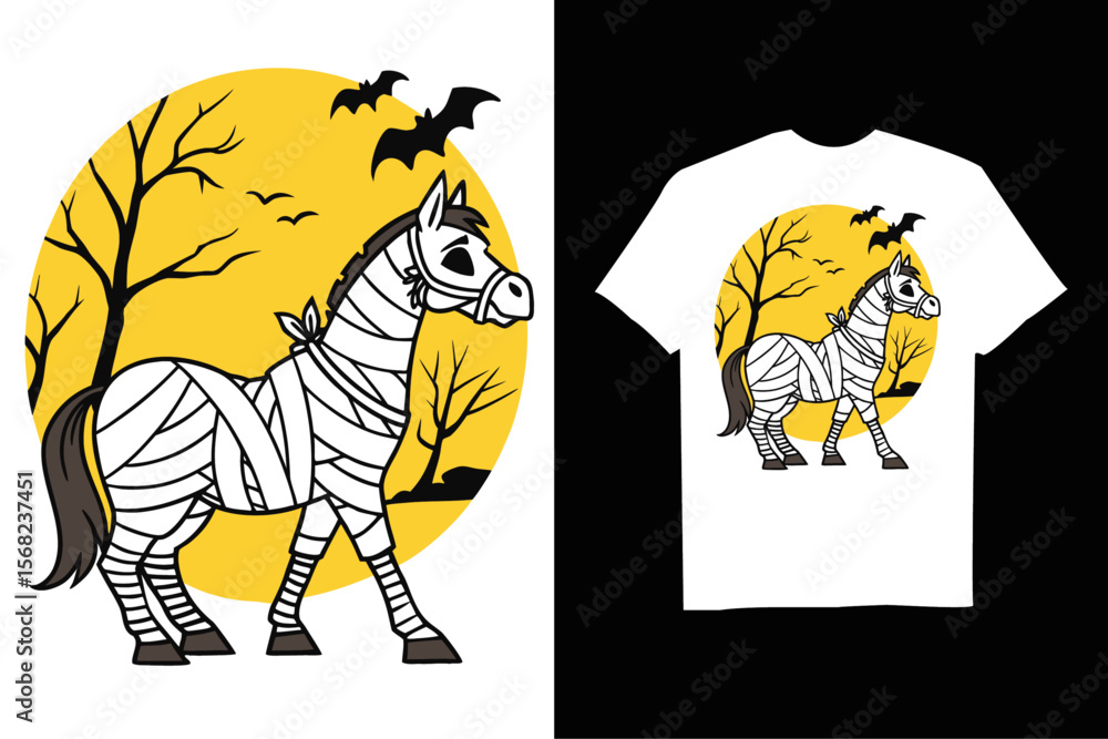 Fototapeta premium Spooky Horse is depicted as a mummy for Halloween T-Shirt – Cute Spooky Cartoon with Bats and Horror Background.