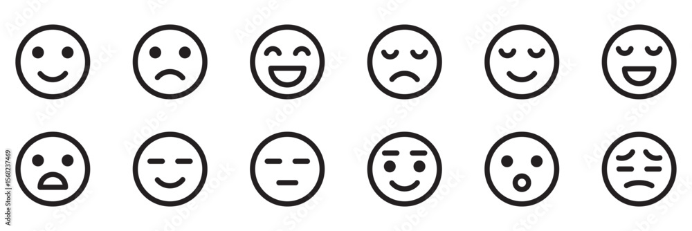 A minimalistic  icon set displaying  facial expressions: happy, sad, nervous, and neutral, commonly used for emotions or feedback. set of smile face cartoon icon vector design . 
