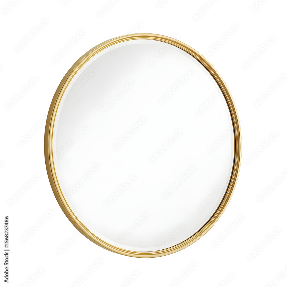 A simple round mirror with a thin gold frame reflecting light against a dark background space area A simple round mirror with a thin gold frame reflecting light against a dark background space area