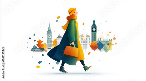 simple cartoon illustration of vacation traveler walking among European famous landmarks