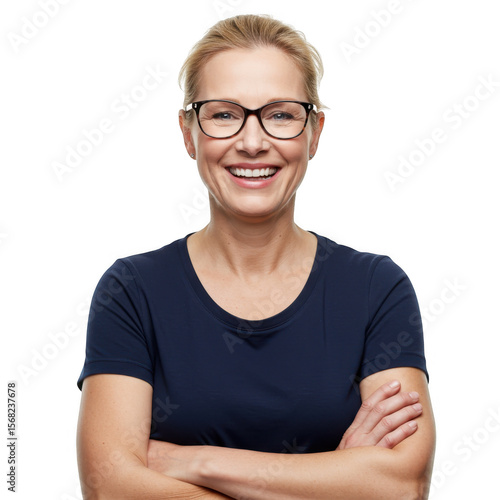 A happy woman with glasses smiles broadly, isolated on transparent background