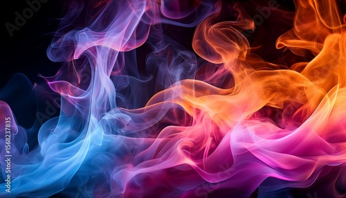 vibrant flames in pink blue and orange rise through swirling smoke on a dramatic black background