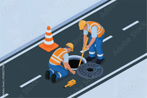 Two construction workers in safety vests and hard hats inspecting a manhole on a street with a traffic cone nearby isolated on white background