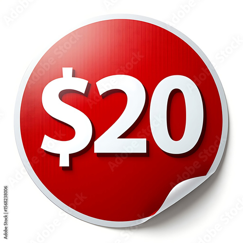 Red Twenty Dollar Price Sticker Displaying Promotional Offer and Discount on Merchandise for Shoppers and Consumers