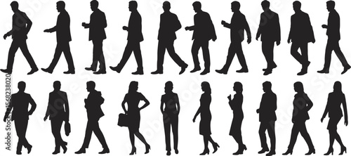 Silhouette collection of business people walking, standing, men and women in formal office clothing, isolated vector figures, professional design element