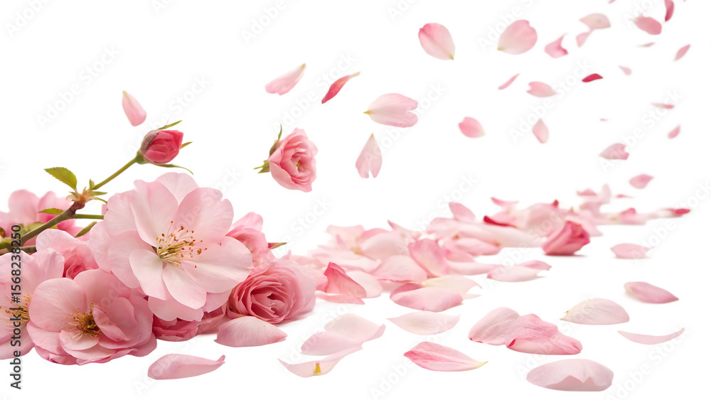 Obraz premium Multi colored rose petals romantic background with isolated on a white background PNG. AI GENERATED.