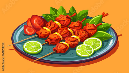 Tandoori Kebab, served in European fusion menus, displays bright red marinated chicken chunks with a smoky crust, arranged with lemon wedges for contrast.