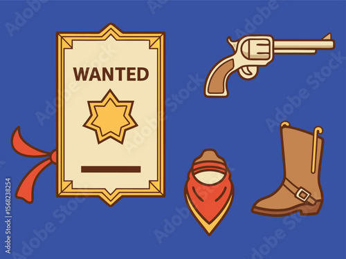 Cartoon Wild West Wanted Poster with Gun, Bandana and Cowboy Boot Illustration