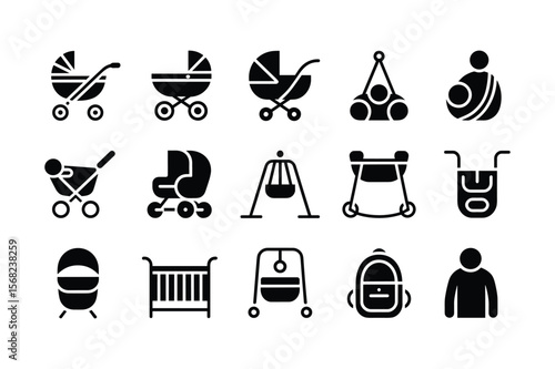 Baby carriage crib swing backpack person silhouette icons stroller pram