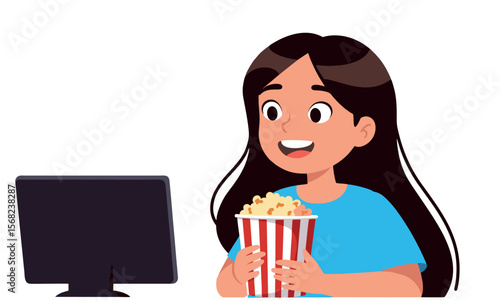 Vector illustration of a little girl enjoying a movie night with popcorn in front of an old TV set.