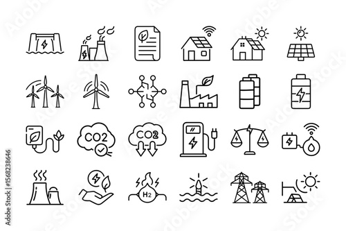 Renewable Energy and Low Emission Sustainable Power System Line Icon Set. Solar, Wind, Hydropower, CO2 Reduction, Battery Storage, Green Energy, and More. Vector Illustration. Editable Stroke.