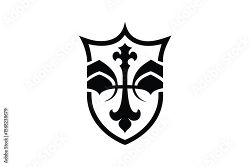 Elegant black and white heraldic shield emblem featuring a stylized fleur de lis and ornate decorative elements on a clean white background