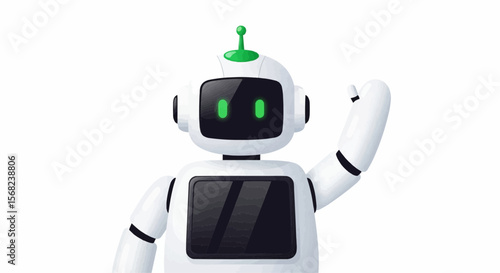 Illustration of a friendly white robot with a green antenna waving its arm on a plain background