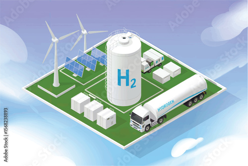 Renewable energy infrastructure featuring wind turbines solar panels hydrogen storage tank and transport truck isolated on white background