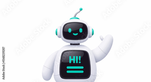 Illustration of a friendly white robot with a screen displaying hi and waving its arm in greeting