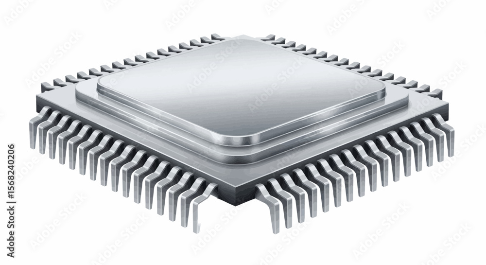A close up shot of a silver computer chip with many pins on a white background in a studio shot A close up shot of a silver computer chip with many pins on a white background in a studio shot