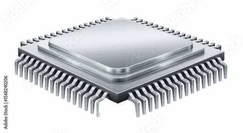 A close up shot of a silver computer chip with many pins on a white background in a studio shot