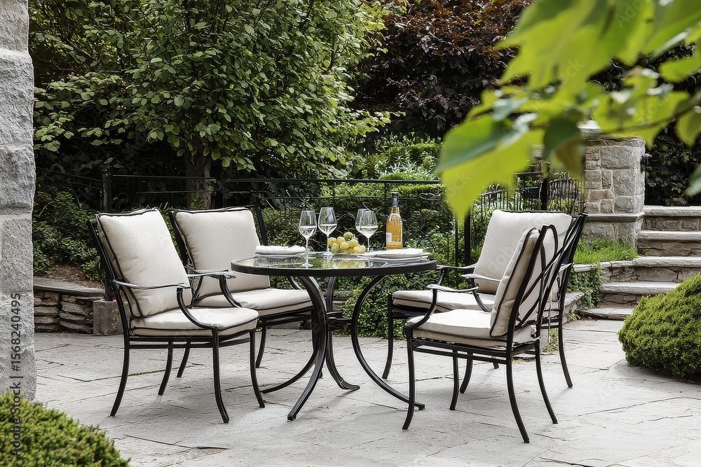 Modern 4-piece black metal outdoor furniture set with glass table and textile chairs for home garden or hotel patio Modern 4-piece black metal outdoor furniture set with glass table and textile chairs for home garden or hotel patio