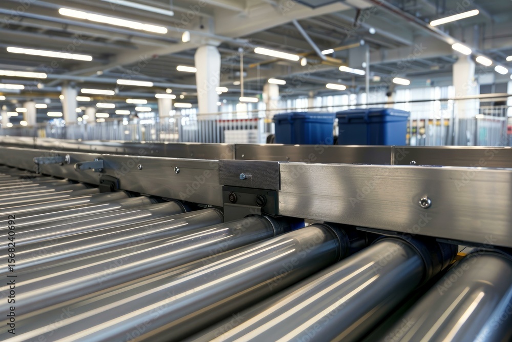 Obraz premium Empty metal rollers forming a conveyor belt in a distribution warehouse, illustrating the concept of logistics and supply chain management