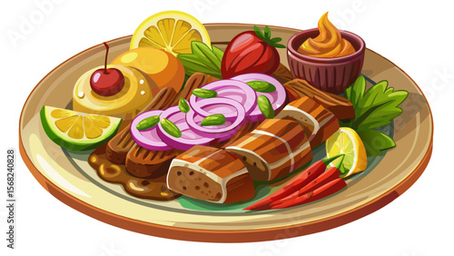 Bratspieß from Germany—a pork kebab variation—features fat-glazed meat chunks, spiced and grilled, presented with pickled onions on the side.