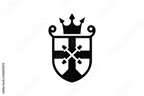 A stylized black and white heraldic crest featuring a shield with a cross and crossed keys topped by a crown on a white background