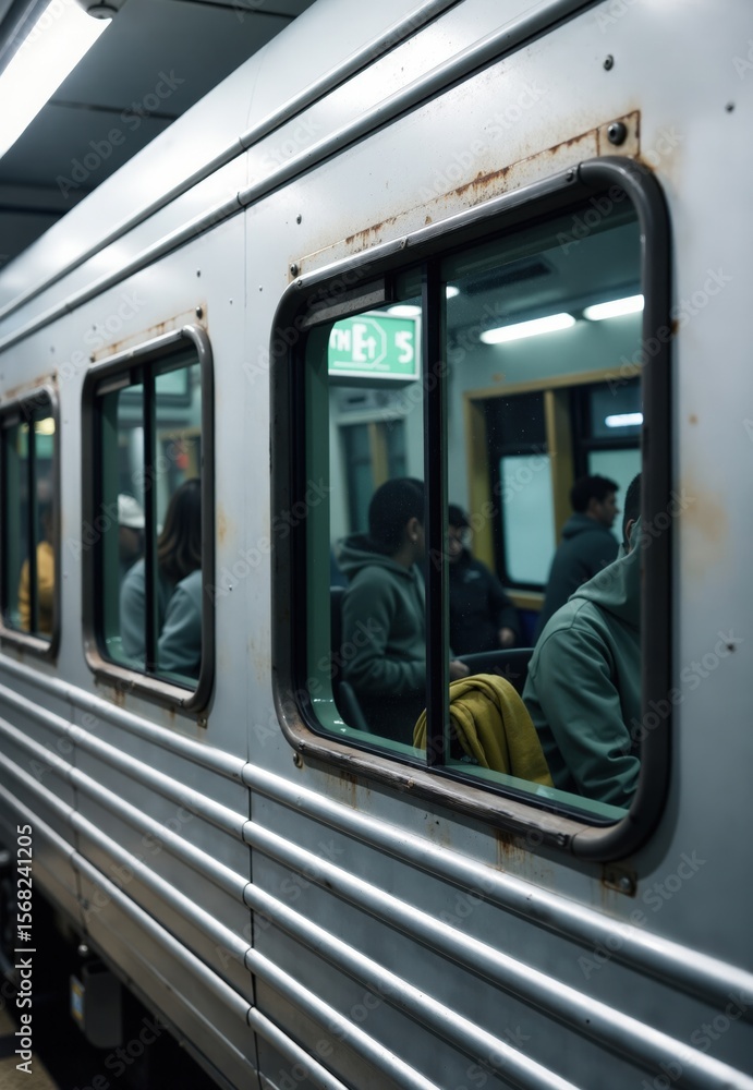 Fototapeta premium Train Car Interior and Exterior with Passengers Visible Through Windows