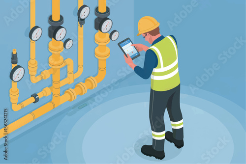 Industrial worker in hard hat and safety vest checks gauges on yellow pipes using a tablet computer isolated on white background