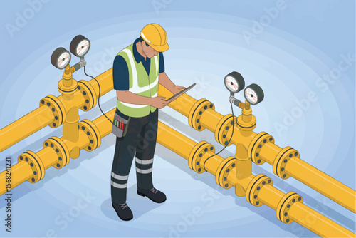 Industrial worker in hard hat and safety vest checks gauges on yellow pipes with digital tablet isolated on white background
