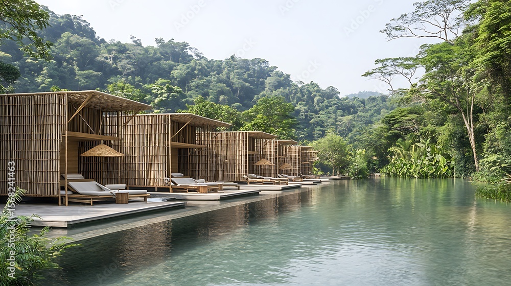 Naklejka premium Bamboo structures by a serene pool in a lush valley.