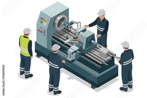 Team of industrial workers in uniform and hard hats operating and monitoring a complex manufacturing machine in a factory setting isolated on white background