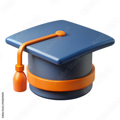 A blue graduation cap with an orange tassel isolated on transparent background