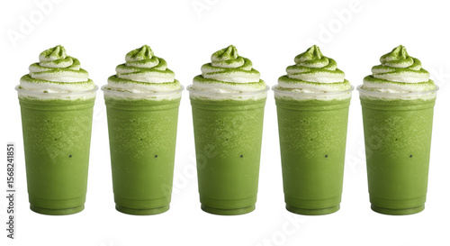 Five green matcha drinks with whipped cream isolated on transparent background