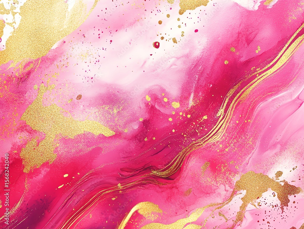 Fototapeta premium Hot pink and gold rectangle marble texture with liquid watercolor stains