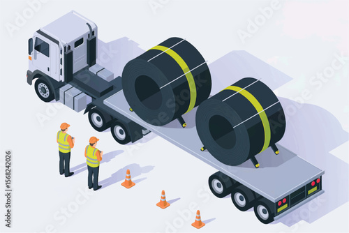 Isometric illustration of a white truck transporting two large metal coils with yellow stripes and two workers overseeing the delivery isolated on white background