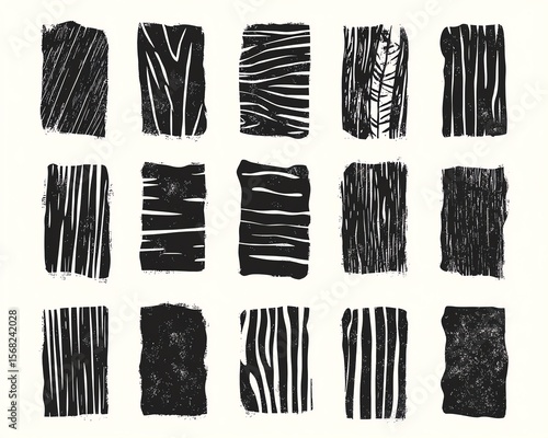 Hand printed linocut vector relief printing rectangle shapes banners wide stripes rough textures collection Paint roller stains lino ink grunge text box templates Artistic textured