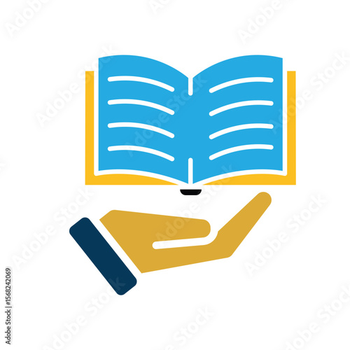 education icon. book in hand. open book with writing inside. smart. Flat design style