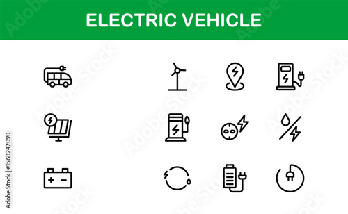 Electric Vehicle Line Icon Set. Modern, minimal, professional electric mobility line icon set showcasing EV technology, charging, battery, car, and sustainability concepts.