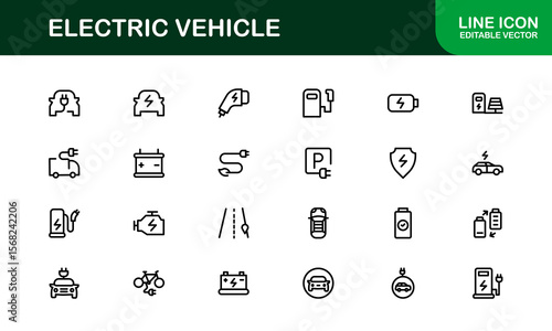 Electric Vehicle Line Icon Set. Modern, minimal, professional electric mobility line icon set showcasing EV technology, charging, battery, car, and sustainability concepts.
