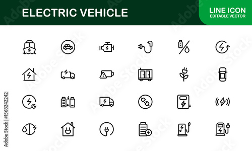 Electric Vehicle Line Icon Set. Modern, minimal, professional electric mobility line icon set showcasing EV technology, charging, battery, car, and sustainability concepts.
