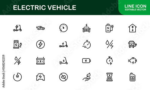 Electric Vehicle Line Icon Set. Modern, minimal, professional electric mobility line icon set showcasing EV technology, charging, battery, car, and sustainability concepts.