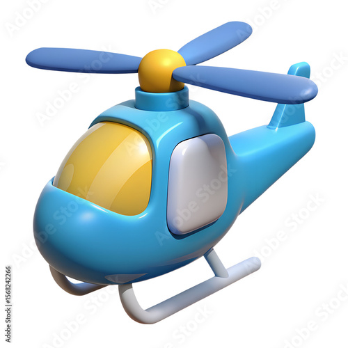 A cute blue cartoon helicopter with a yellow rotor, isolated on transparent background