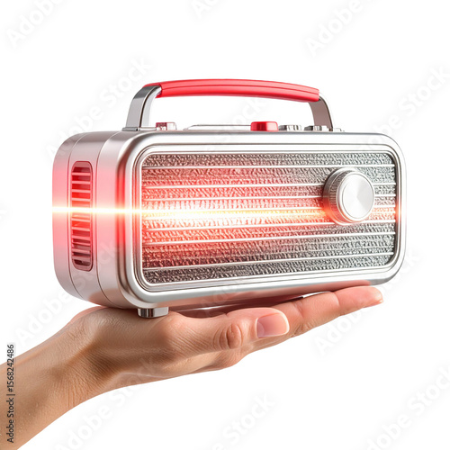 Retro portable speaker in hand against dark background