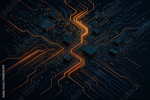 High tech circuit paths glowing in dark background with futuristic style