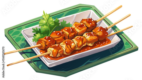 Yakitori, though Japanese in origin, is a popular European street food—chicken skewers caramelized in tare sauce, glossy and bite-sized, served neatly in white bento paper.

