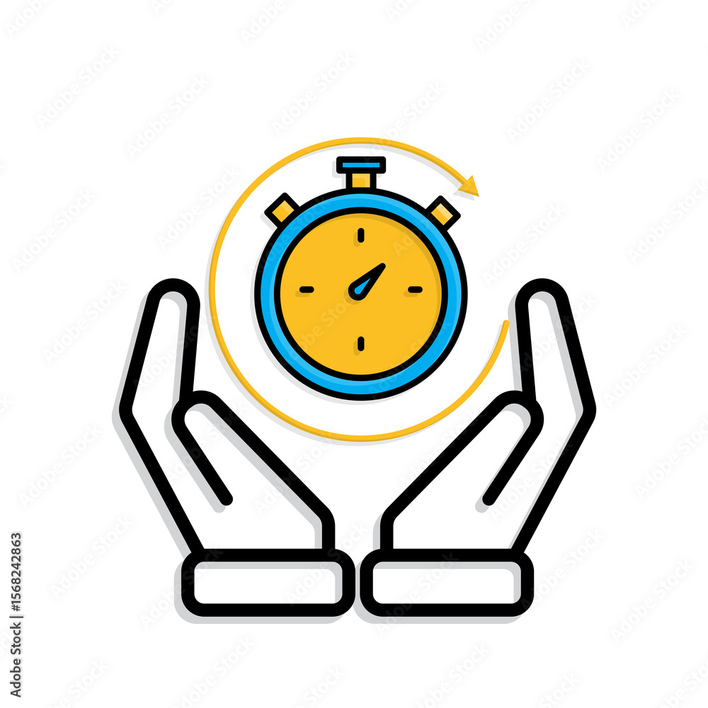 Work icon. Time tracker in two hand. Counter clock with circular progress bar. collaboration. Mixed design style Work icon. Time tracker in two hand. Counter clock with circular progress bar. collaboration. Mixed design style